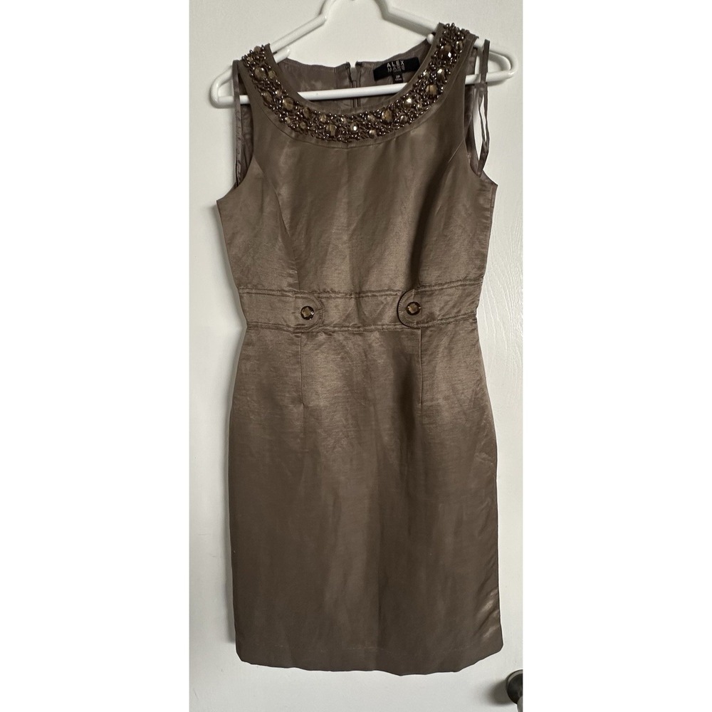 Alex Marie Petite Tan Taupe Silk And Linen Blend Jeweled Shift Dress Size 0‎